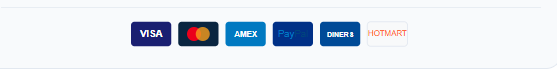 Métodos de pago disponibles mediante Hotmart: Visa, Mastercard, American Express, PayPal, Diners y Hotmart